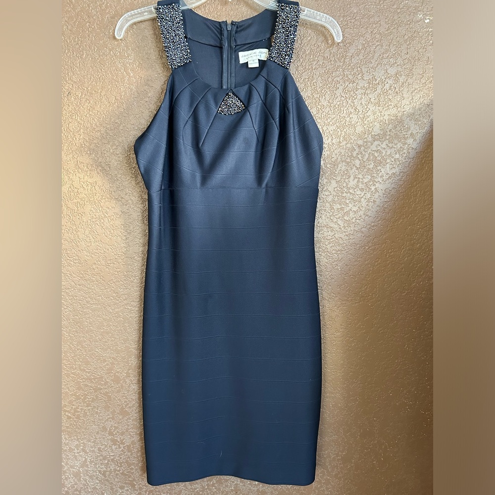 Jackie Jon Navy Blue Beaded Stretch Bodycon Cocktail Dress Wedding Guest Party